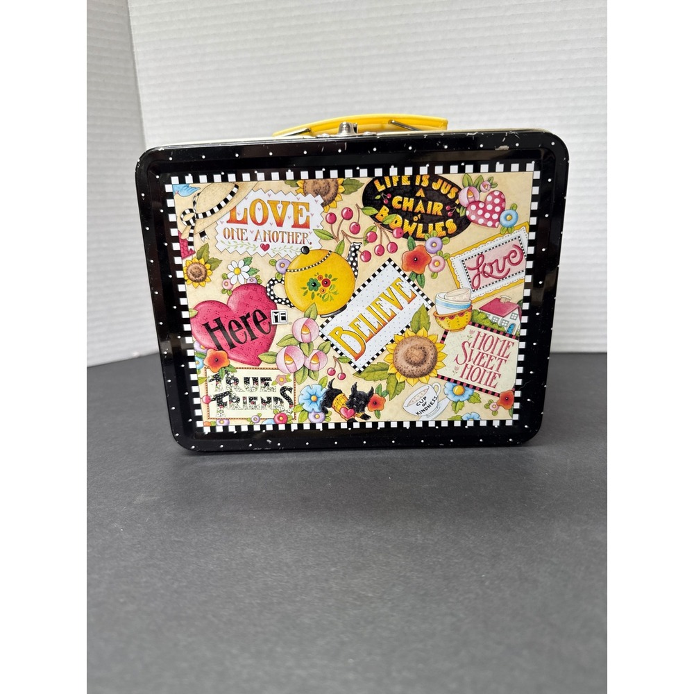 VTG 1999 Mary Engelbreit Tin Lunch Box Black Polka Dot Floral Love One Another